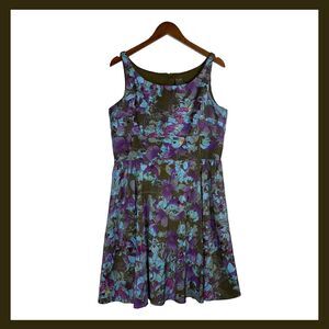 Taylor Floral Fit & Flare Dress Green Purple Sleeveless Pockets Zip Back Size 14